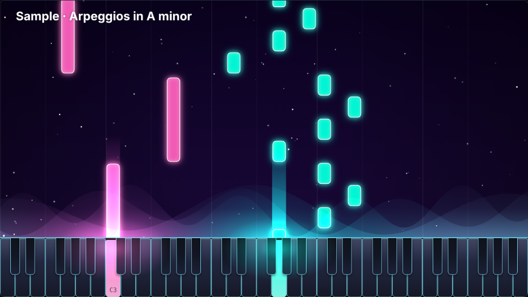 Falling notes landing on a piano keyboard with a neon look